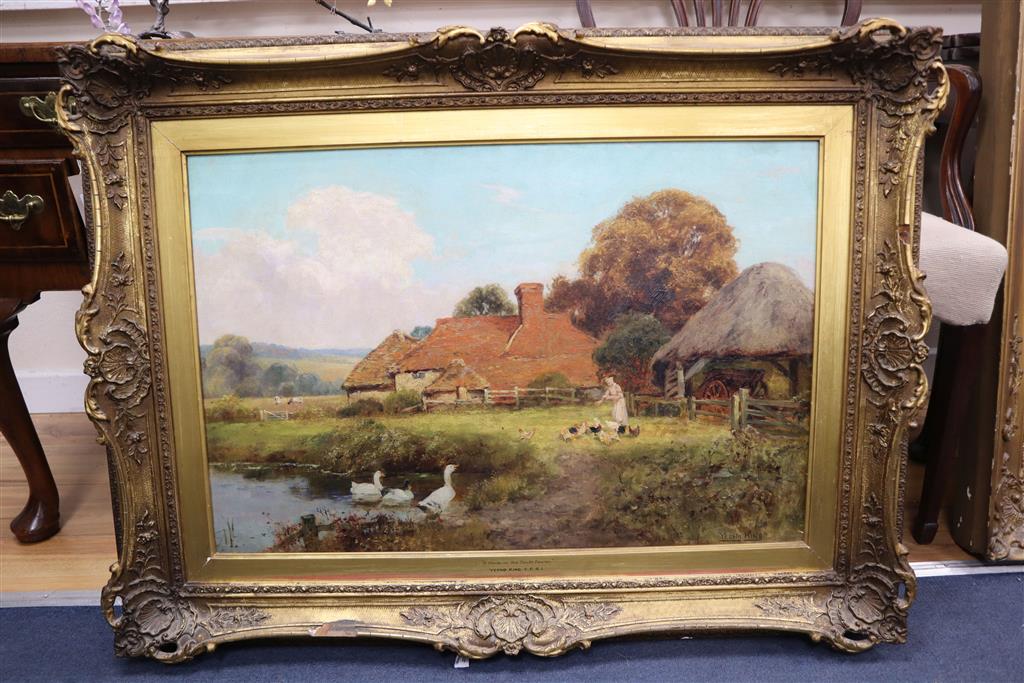 Henry John Yeend King (1855-1924), oil on canvas, A farm on the South Downs, signed, 50 x 75cm